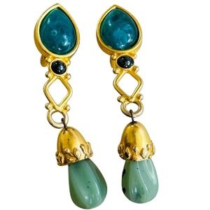 VTG Leslie Block earrings dangle gold tone green Cabochon regal clip 80s 3"